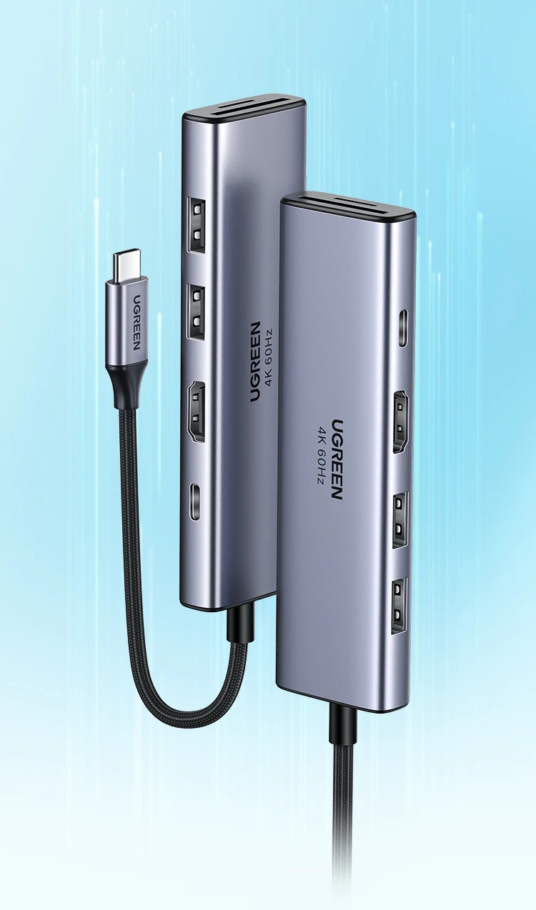 Ugreen 60384 - Bộ chuyển USB typeC sang 2×USB3.0+HDMI (4K60HZ)+SD TF+PD 6 IN 1